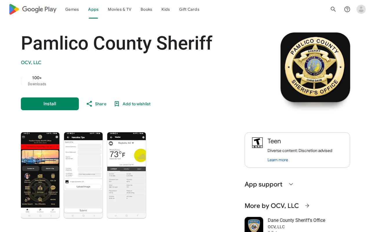 Google Play page for the official Pamlico County Sheriff public-safety app