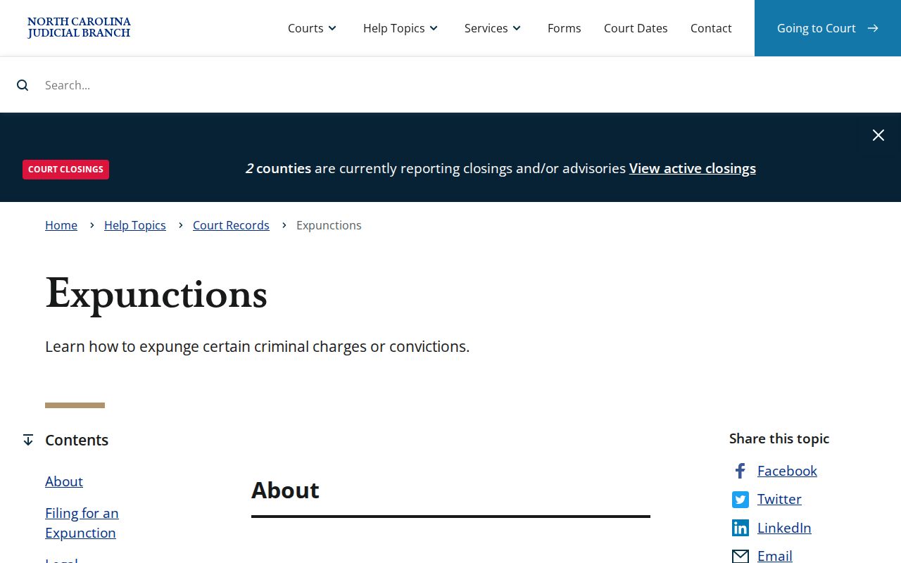 North Carolina Judicial Branch expunction information page