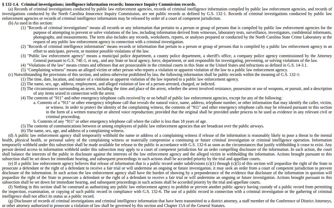 North Carolina General Assembly page for G.S. 132-1.4 on law-enforcement records
