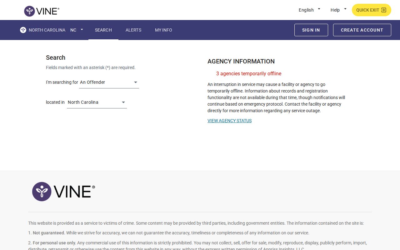 North Carolina VINELink person custody search screen