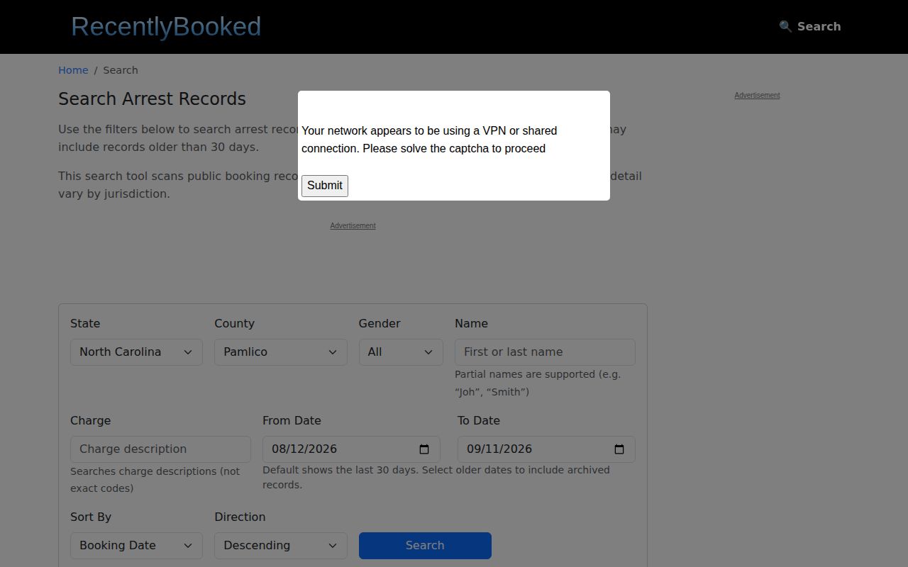 Unofficial RecentlyBooked Pamlico County search interface