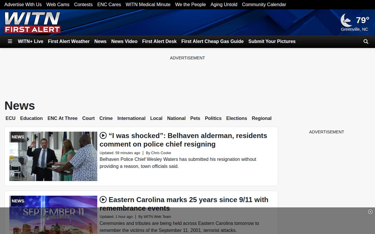 WITN regional news page covering eastern North Carolina