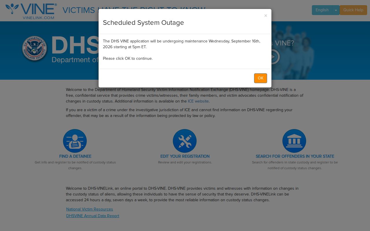 DHS VINE search portal for immigration custody information