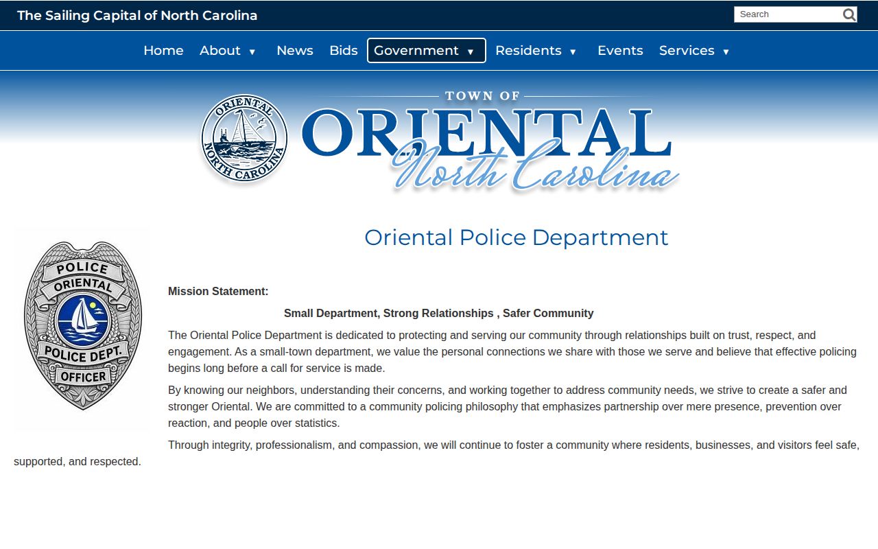 Oriental Police Department contact page for Oriental arrest records